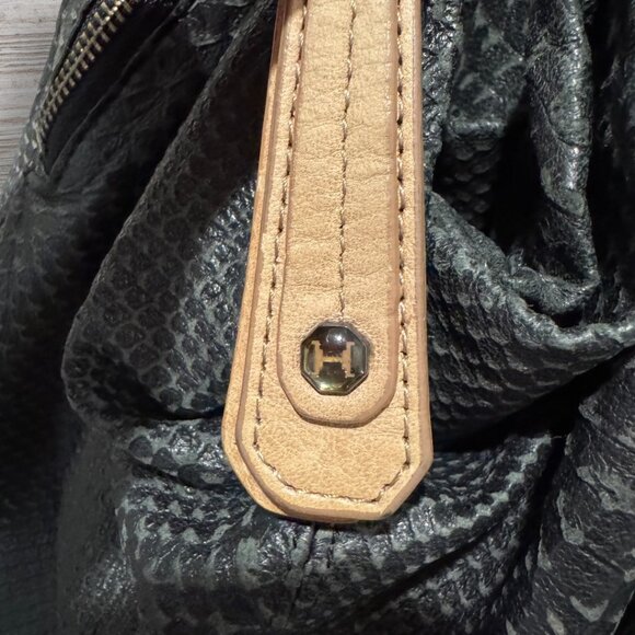 H by Halston Heritage Embossed Leather Pleated Hobo Shoulder Bag Black Tan Purse - Picture 14 of 16